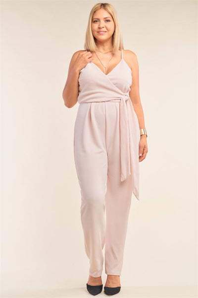 Plus Size Stone Blush Pink Sleeveless Self-tie Wrap Detail Deep Plunge V-neck Jumpsuit