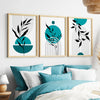 set of 3 teal and grey abstract bedroom prints