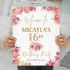 16th birthday welcome yard sign for girl in pink and gold