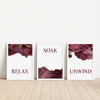 relax soak unwind bathroom quotes in burgundy and gold