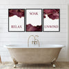 relax soak unwind burgundy and gold bathroom prints