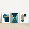 Set of 3 Teal and Gold Geometric Wall Art