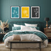 teal yellow and grey bedroom interiors
