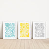 3pc Teal Yellow and Grey Leaf Prints