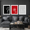 set of 3 black red and grey dandelion wall art