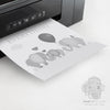 grey elephant nursery print coming out of printer