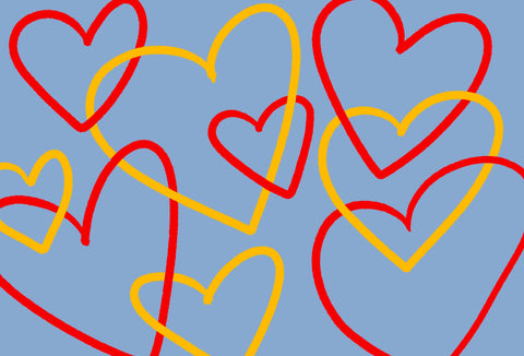 Red and yellow hearts on a blue background
