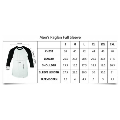 Men's Raglan T-Shirt Full Sleeve Size Chart