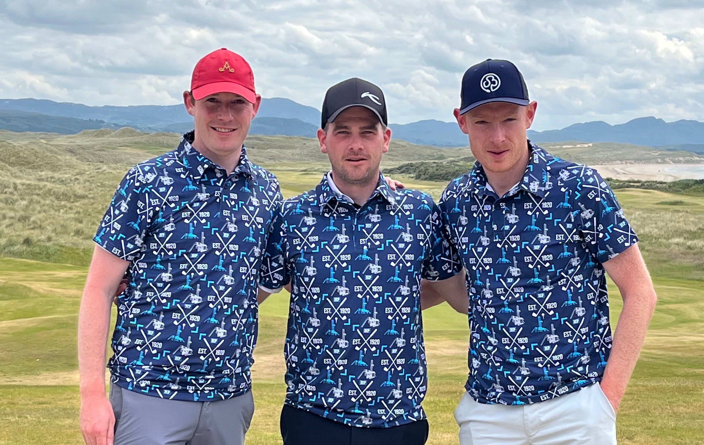 Image of a custom golf shirt being worn by 3 golfers