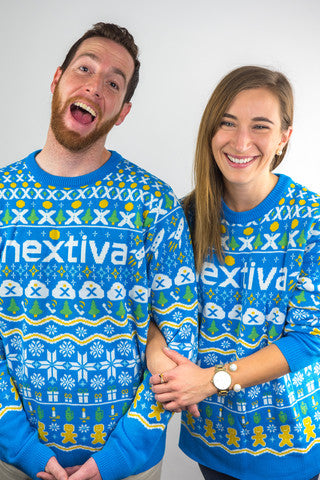 Image of some Nextiva team in custom christmas sweaters