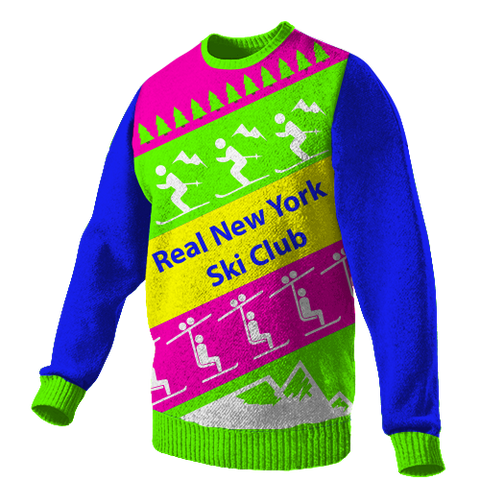 Real New York Ski Club custom Christmas sweaters made by Roody sustainable swag