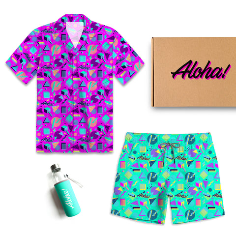 Summer box of corporate gifting branded swag Hawaiian shirt summer shorts branded water bottle Aloha box