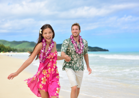 summer vacation in custom Hawaiian shirt on beach couple happy travel tourism