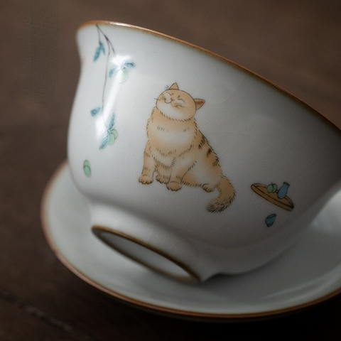 Art Tea Cup JianZhan Tenmoku Gai Wan Cat