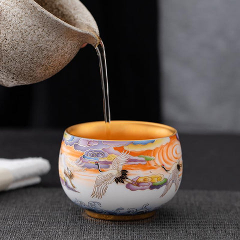 Art Tea Cup JianZhan Tenmoku Teacup Colorful Crane