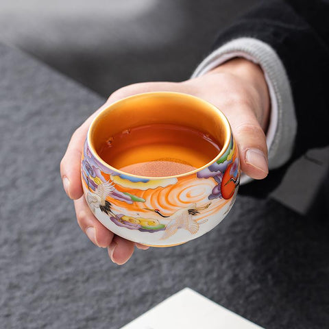 Art Tea Cup JianZhan Tenmoku Teacup Colorful Crane