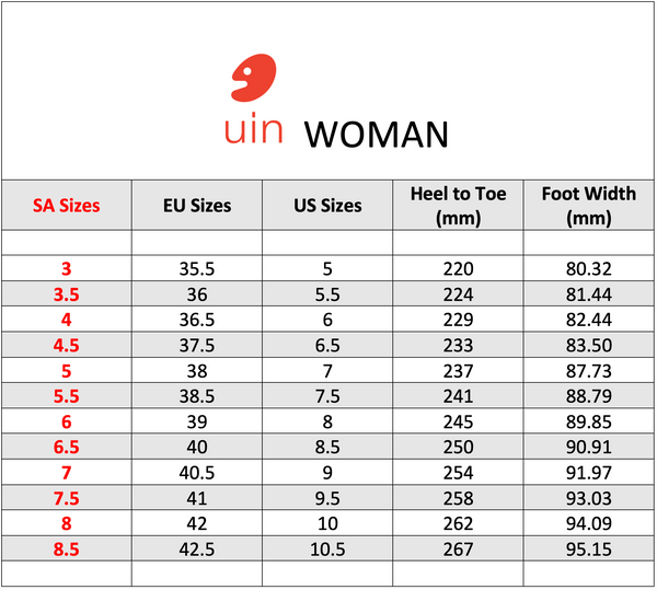 UIN Size Chart – Uinshoes