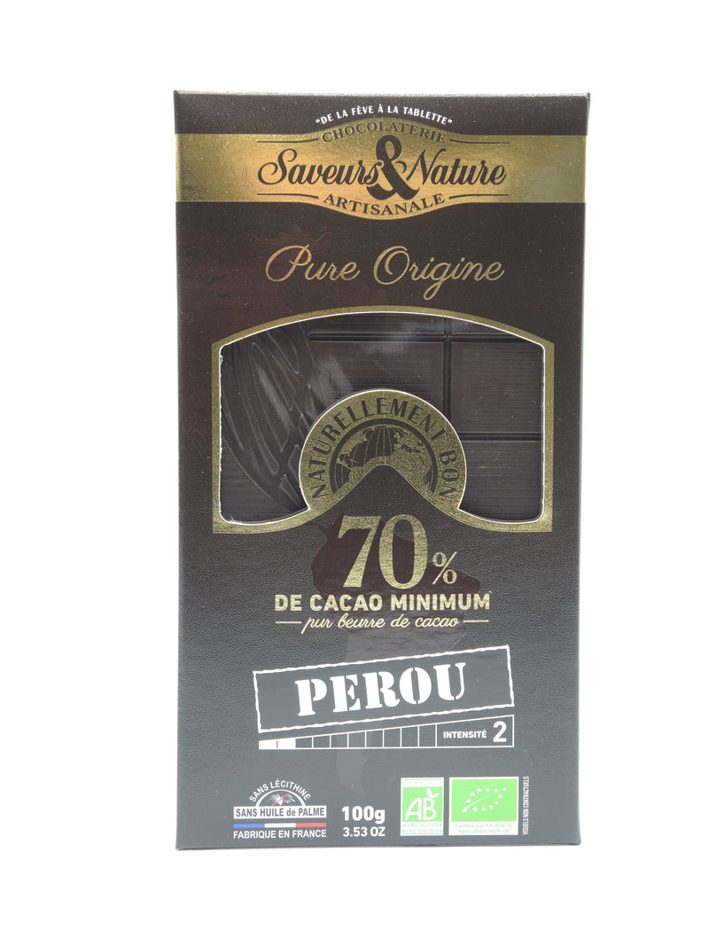 Chocolat noir 70% de cacao pure origine Pérou, 100g - Saveurs et nature