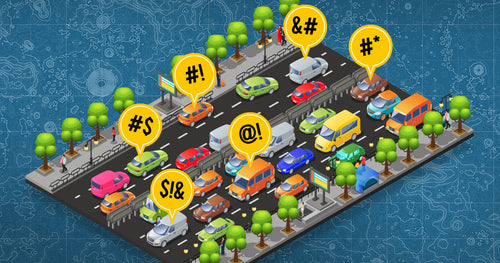 An illustration of cars in a traffic jam, with speech bubbles representing road rage