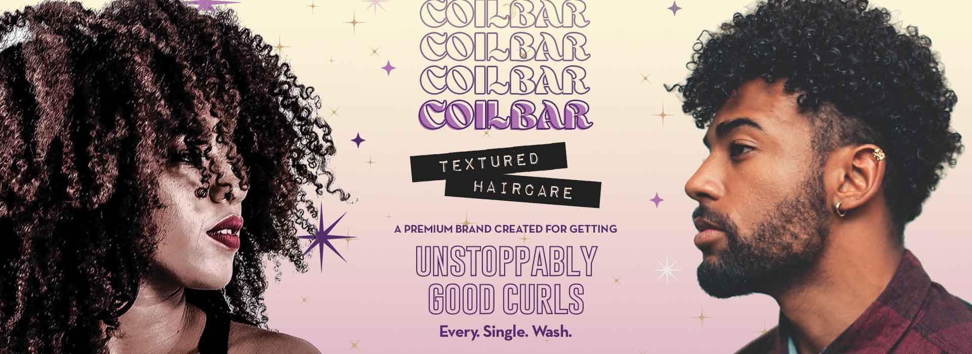 COILBAR Textured Haircare banner with a woman with type 4 curls and a man with type 3 curls