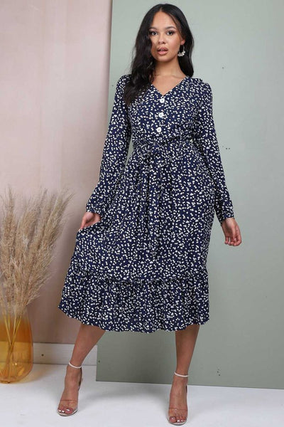 Lilura London Button Front Belted Midi Dress In Navy Floral Print