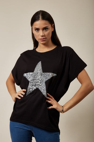 Hoxton Gal Sequin Star Top Relaxed Fit In Black