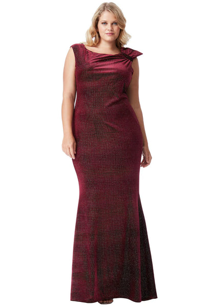 Goddiva plus size glitter velvet maxi dress with bow detail