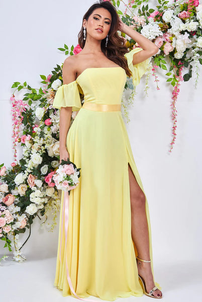 Goddiva draped off the shoulder chiffon maxi dress