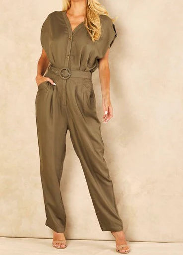 Signage khaki short sleeve jumpsuit