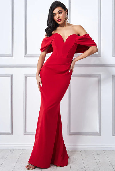 Goddiva off the shoulder draped sleeve maxi dress - red