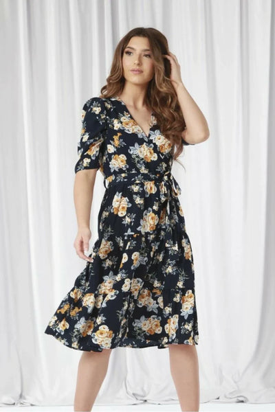 Double second navy printed puff sleeve wrap dress