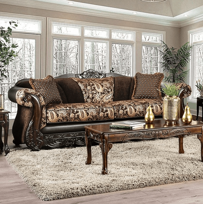 Newdale Traditional Chenille Rolled Arm Sofa Brown And Gold Finally