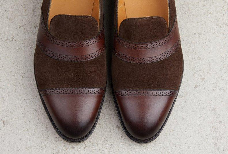 Brown Suede & Leather Barnet Loafers for Men - GOODYEAR WELTED FIDDLE BACK VIOLIN SOLE