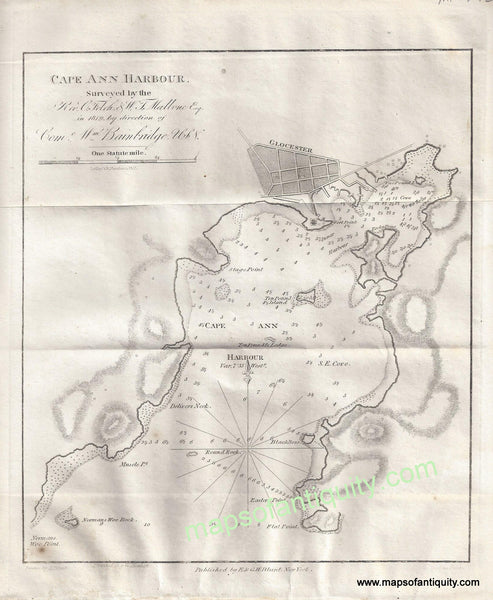 MAS1092-Antique-Black-and-White-Harbor-Chart-Cape-Ann-Harbour-MA-Coast-Chart-United-States-Massachusetts-1827-Blunt-Maps-Of-Antiquity