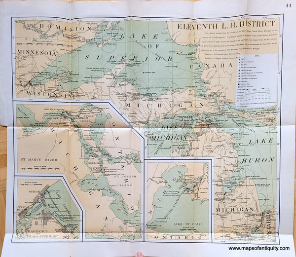 NAU383-Genuine-Antique-Printed-Color-Map-Eleventh-L.H.-District-Great-Lakes-Lighthouse-Districts-1896-U.S.Light-HouseService