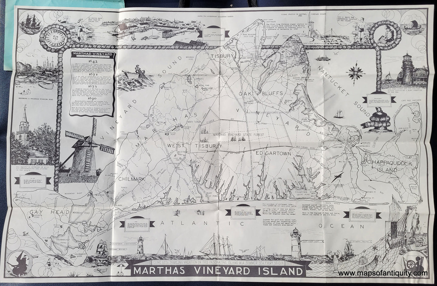 Antique-Map-Martha's-Vineyard-Island-Tourist-Pictorial-New-England-Map-Company-Parker-1940-1940s-1900s-Early-Mid-20th-Century-Maps-of-Antiquity
