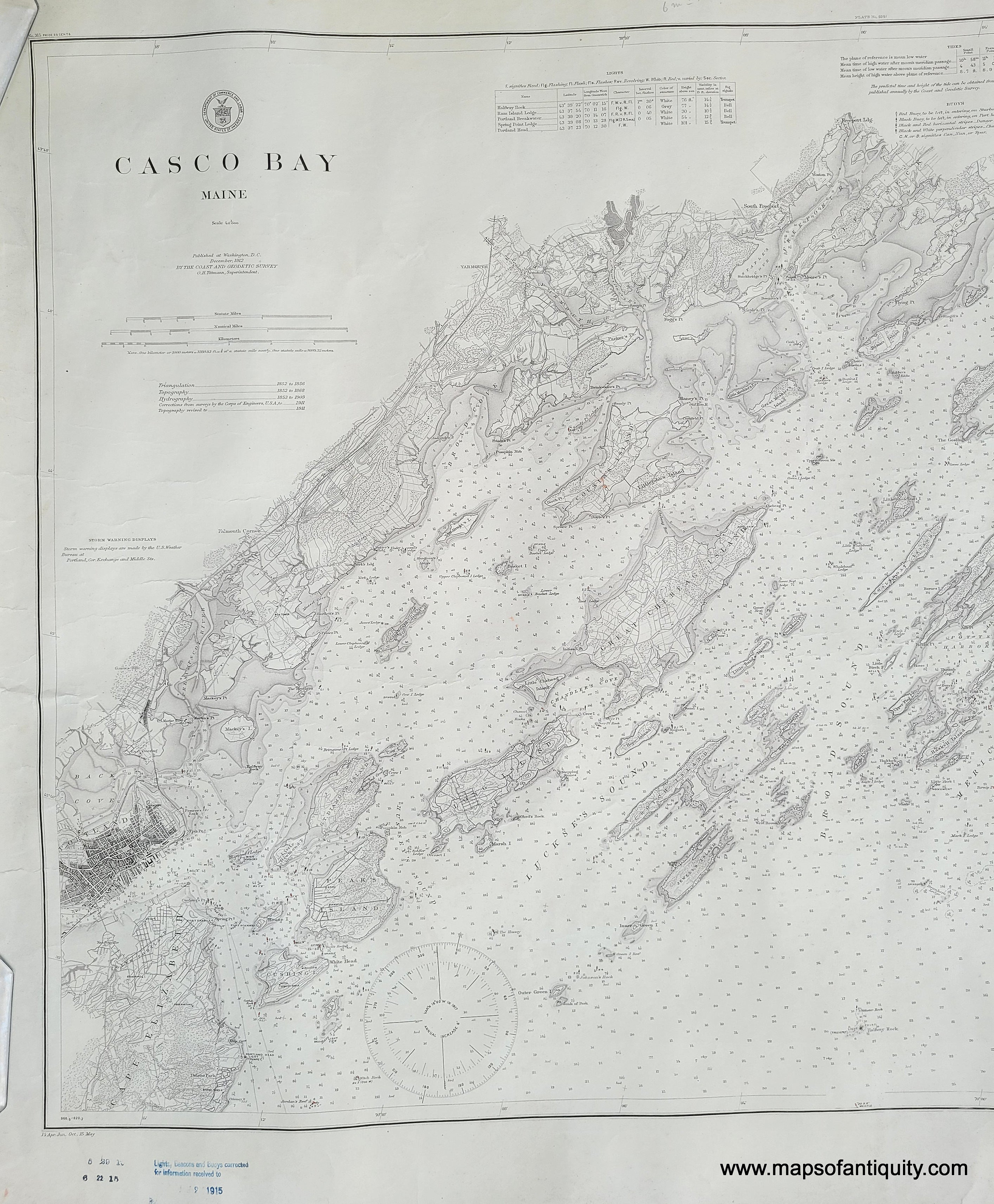 1915 Casco Bay, Maine, Chart Antique Chart Maps of Antiquity