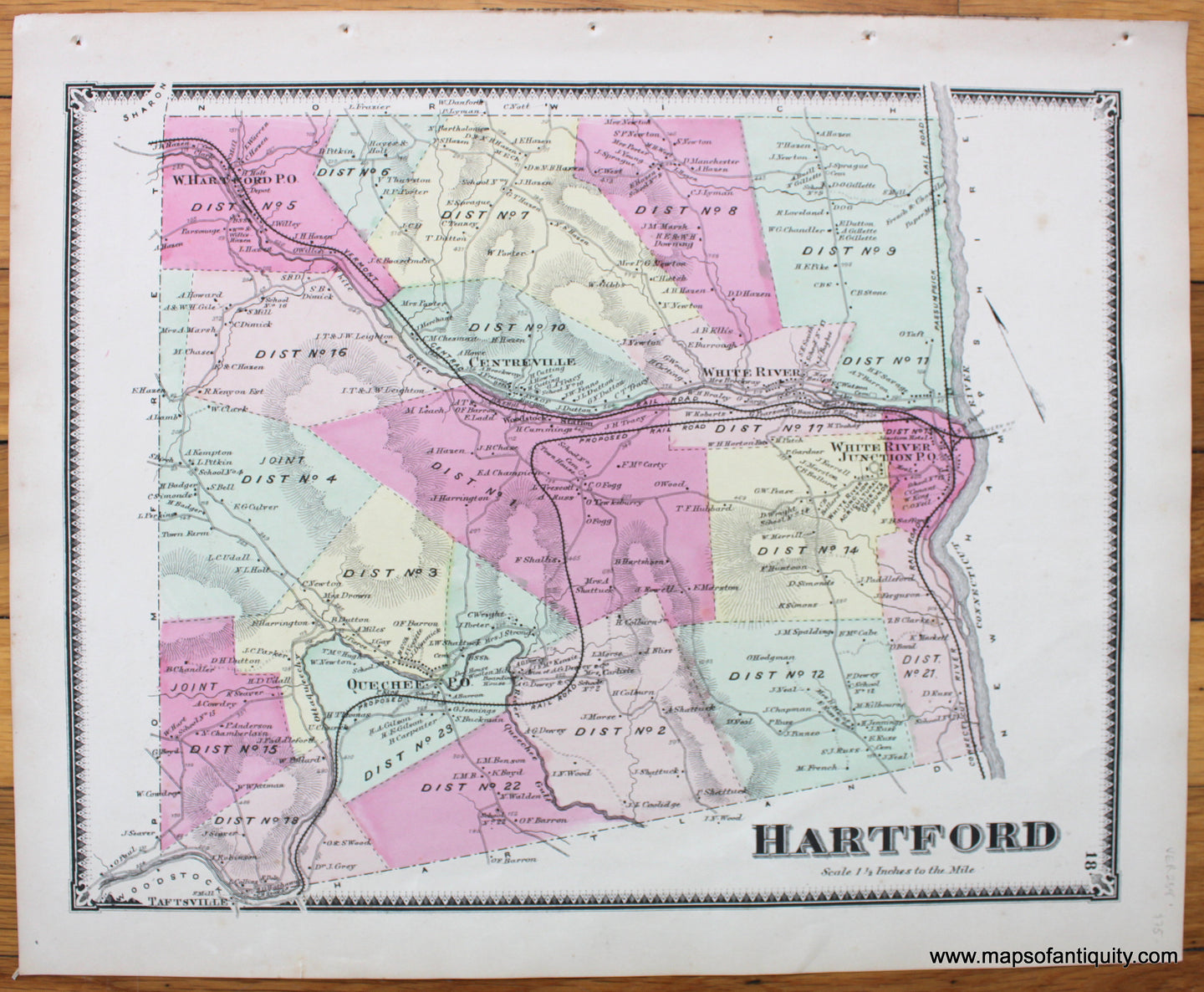 Antique-Hand-Colored-Map-Hartford-VT-1869-Beers-Ellis-&-Soule-Vermont-1800s-19th-century-Maps-of-Antiquity