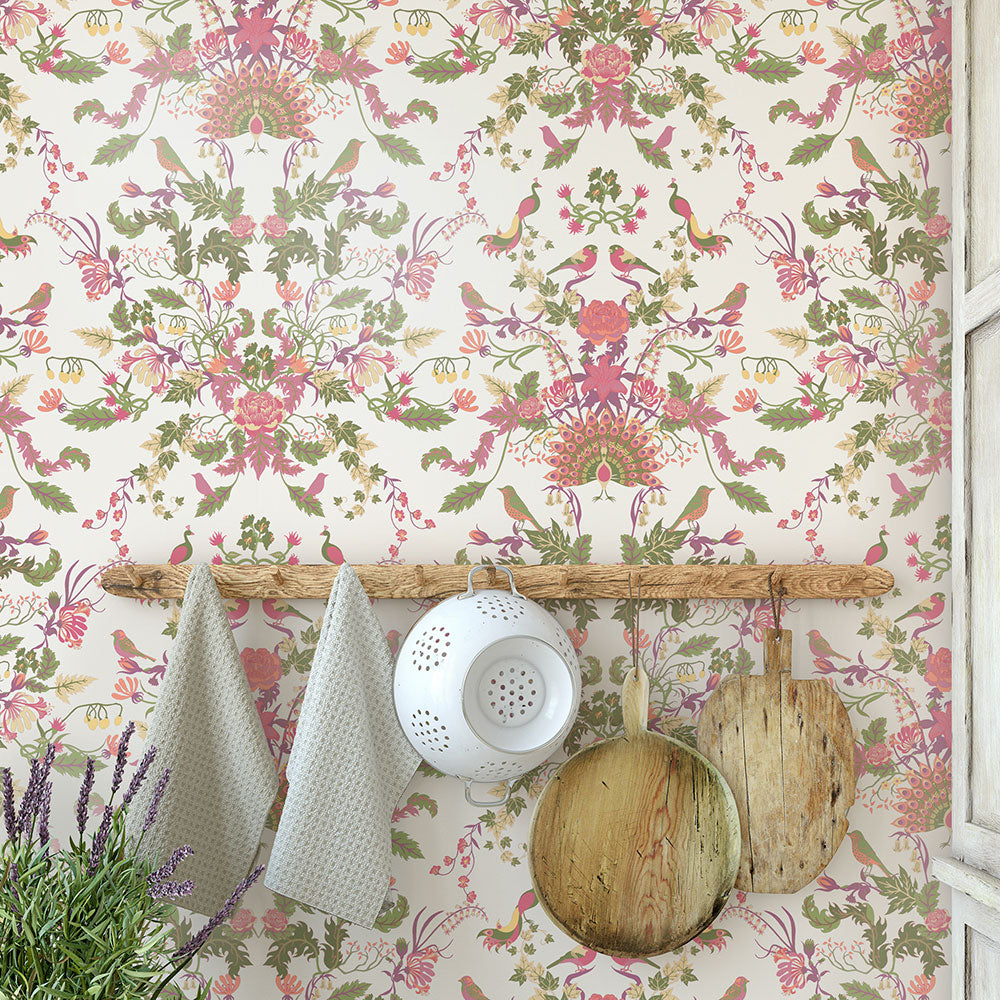 Country Floral Wallpaper for Kitchen Decor in Soft Pastels by Designer Becca Who