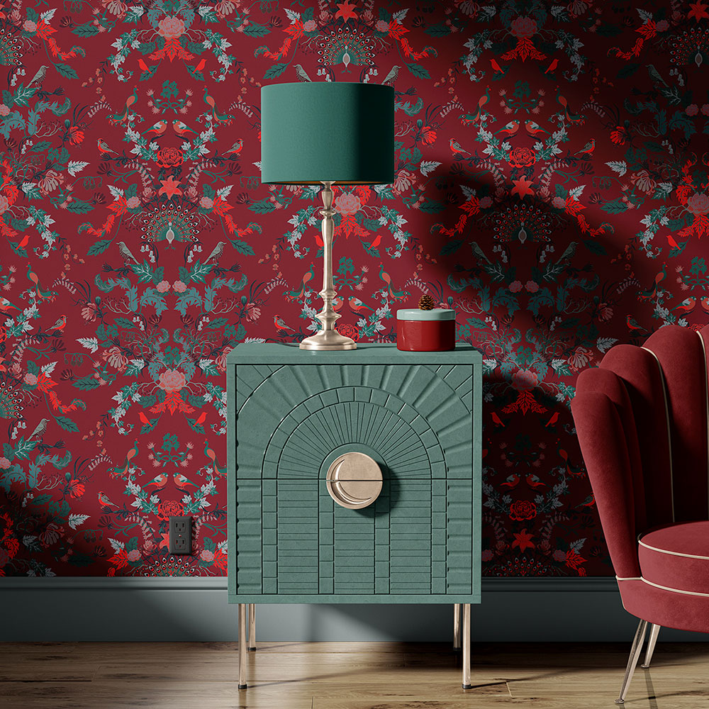 Country Floral Wallpaper Decor in Deep Red Pink by Designer Becca Who