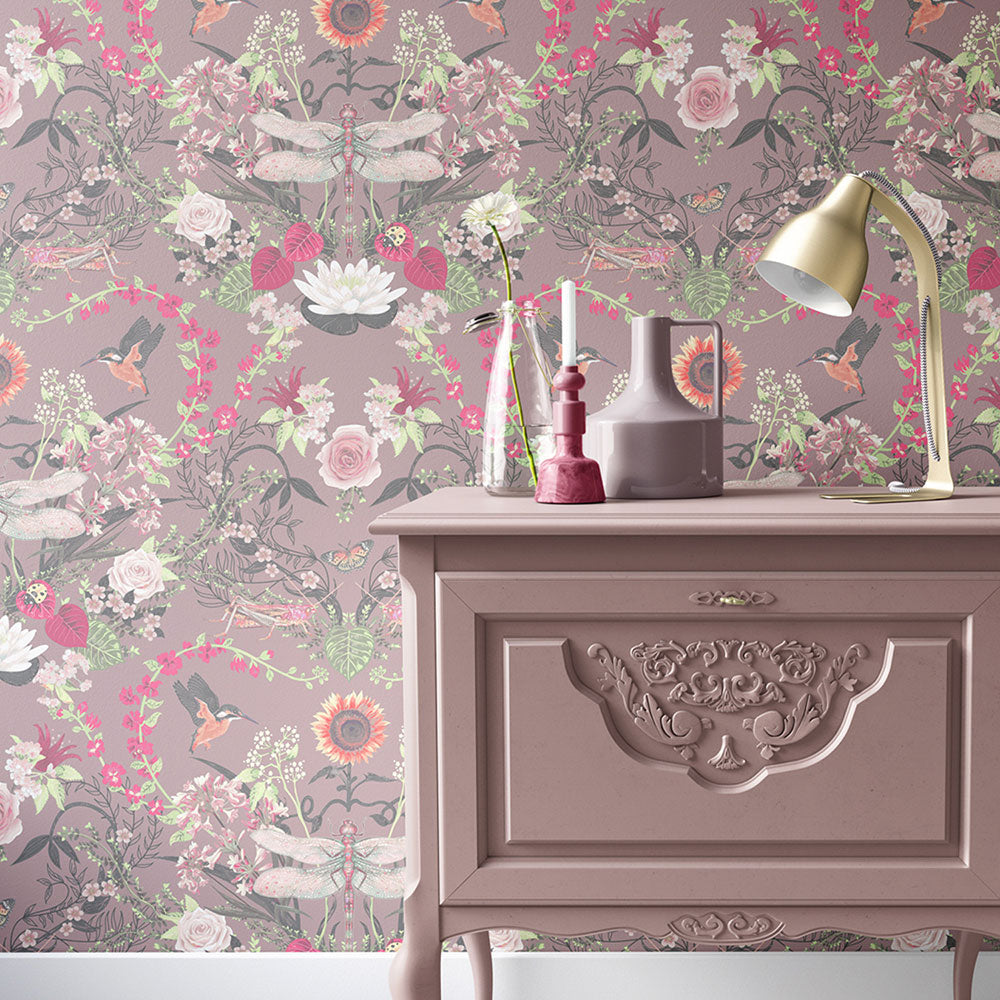 Country Floral Wallpaper for Bedroom in Dusky Rose Pink by Designer Becca Who