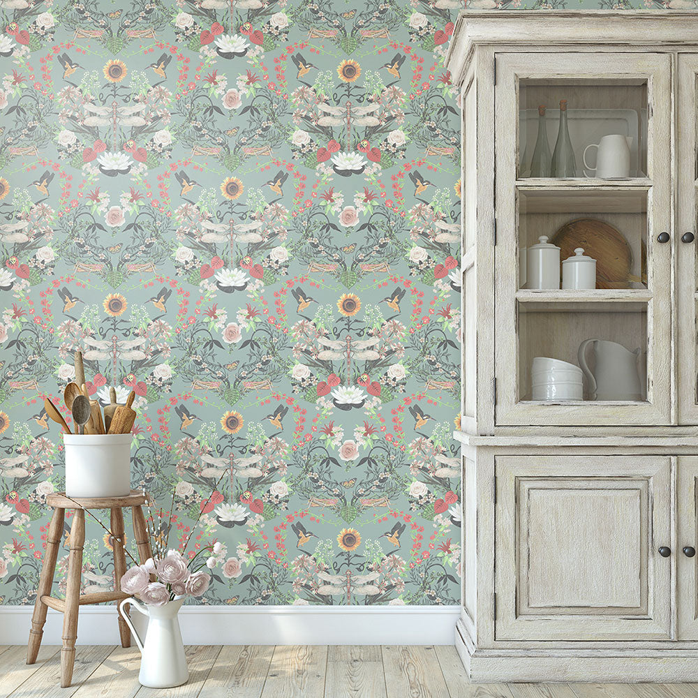 Green Decor Light Green Patterned Wallpaper with Country Floral by Designer, Becca Who