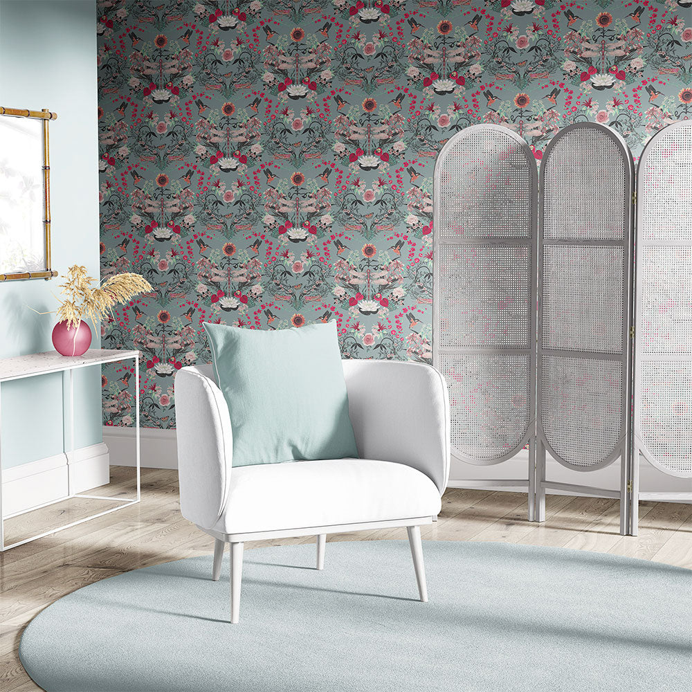 Country Floral Wallpaper for Bedroom in Pale Blue by Designer Becca Who