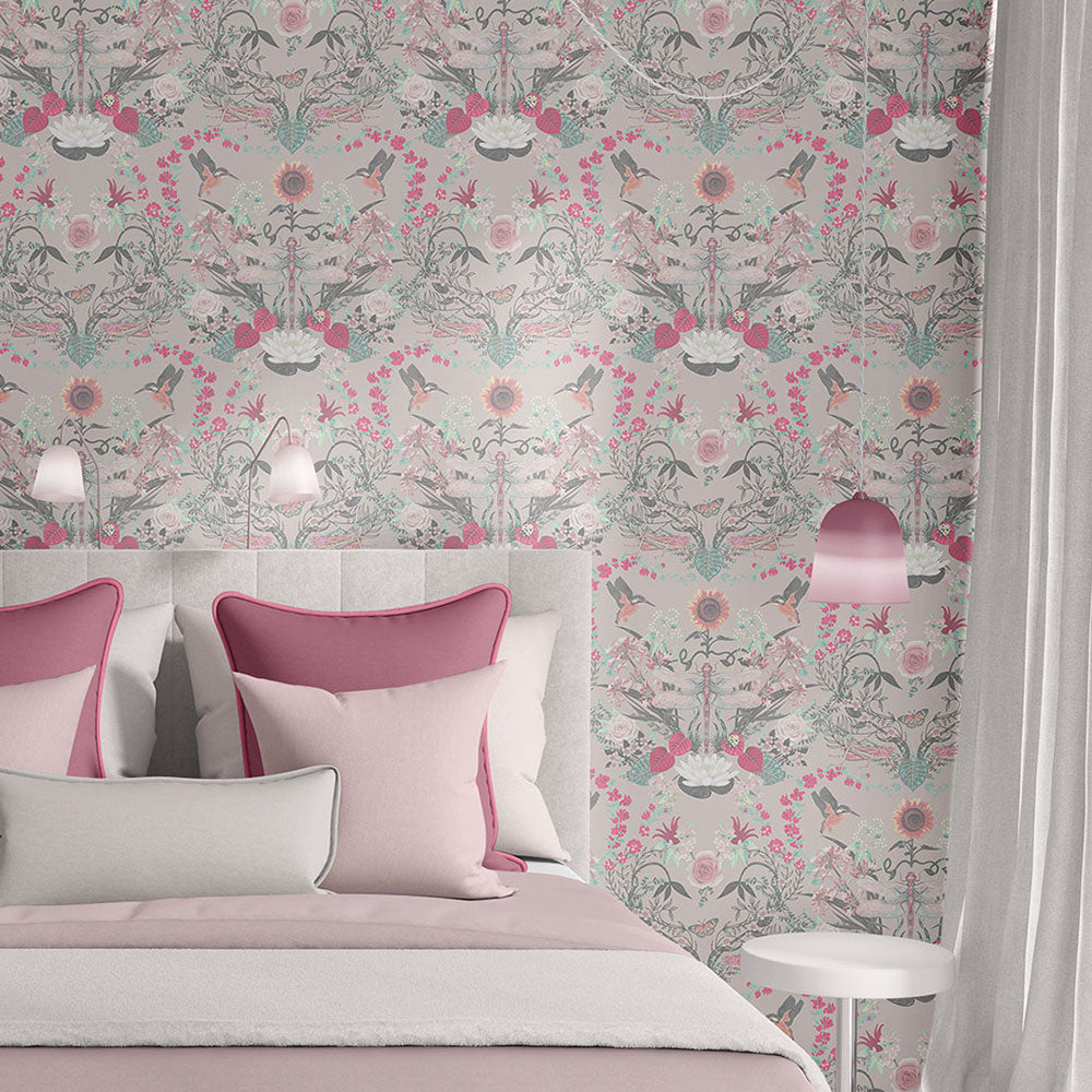 Country Floral Wallpaper for Bedroom in Pale Pink by Designer Becca Who