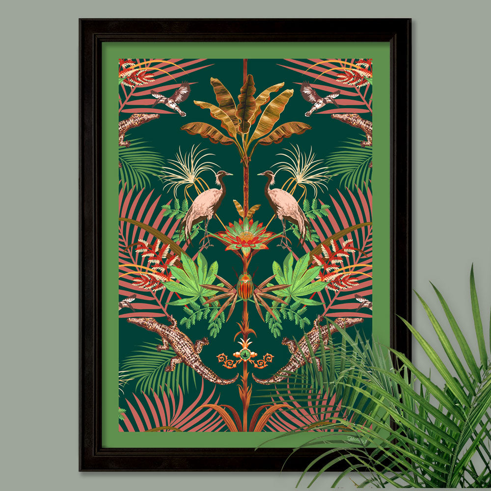 Green Wall Art by Designer, Becca Who, featuring Crocodiles and Lush Foliage