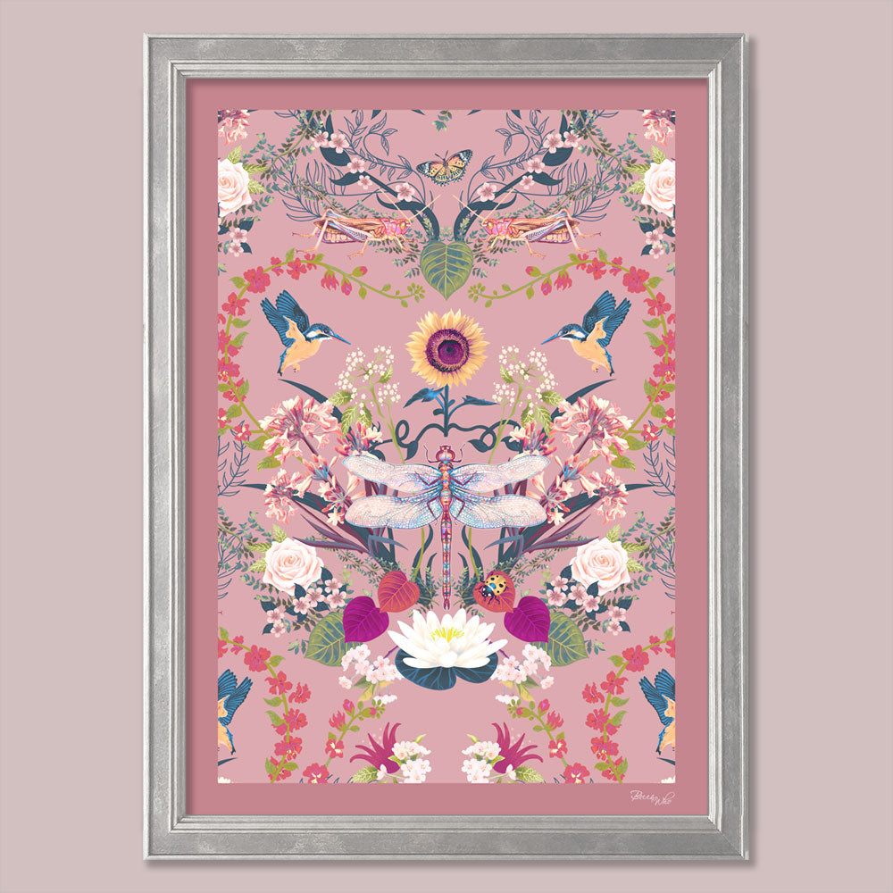 Pink Wall Art by Designer Becca Who featuring Dragonfly and Flowers