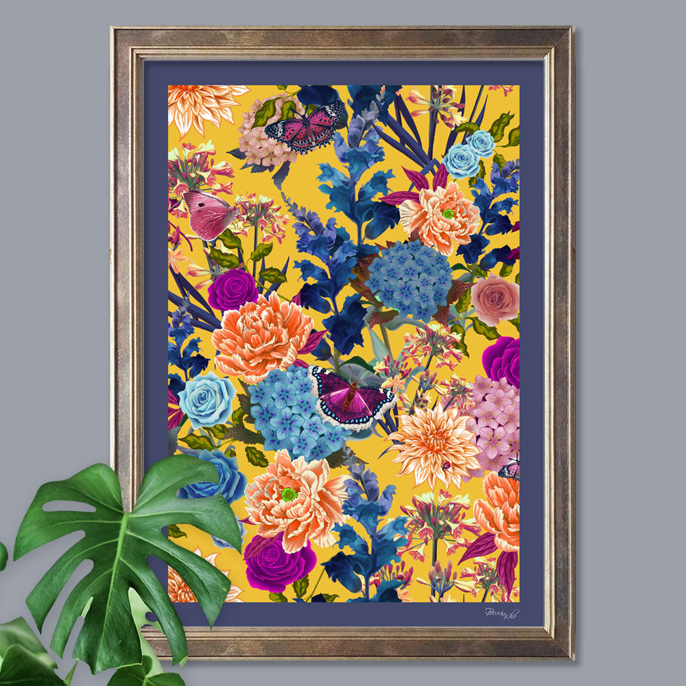 Vibrant Bright Yellow Wall Art Decor with Floral Artwork by Designer, Becca Who