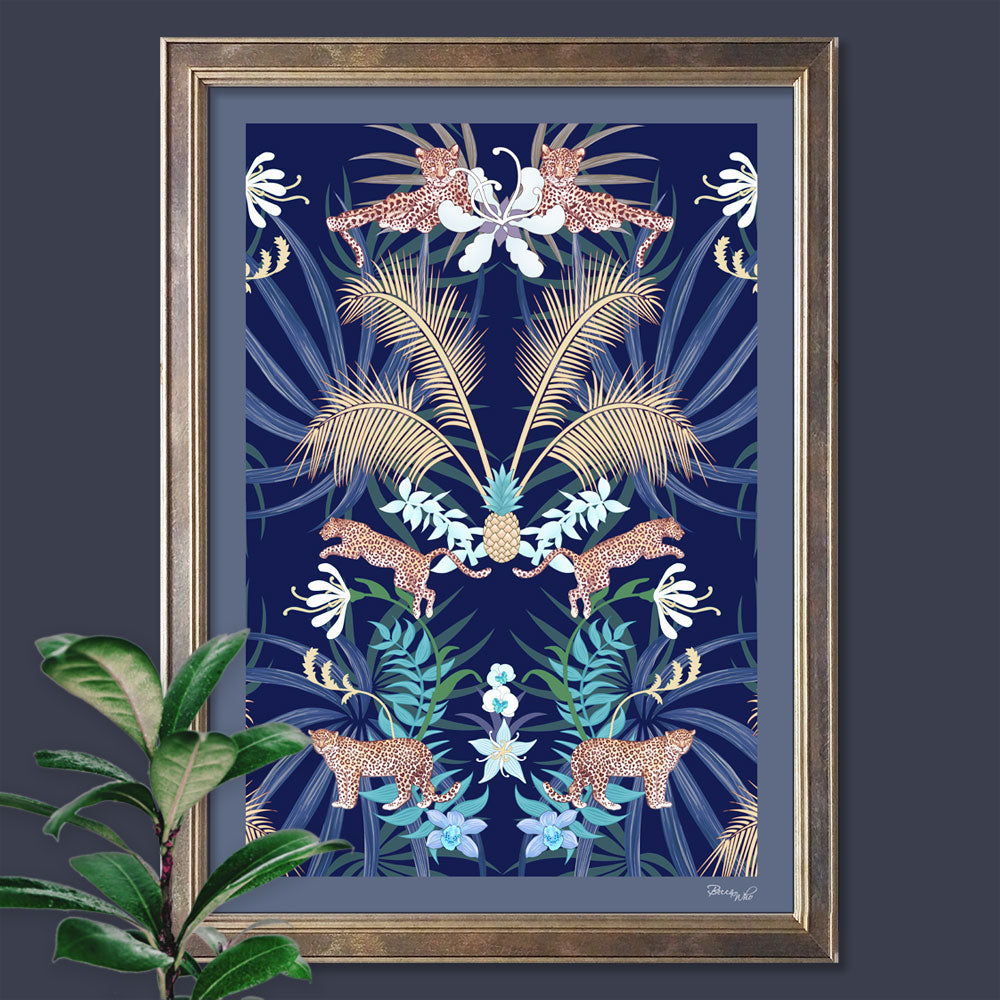 Blue Wall Art by Designer, Becca Who, Featuring Leopards in Navy and Gold