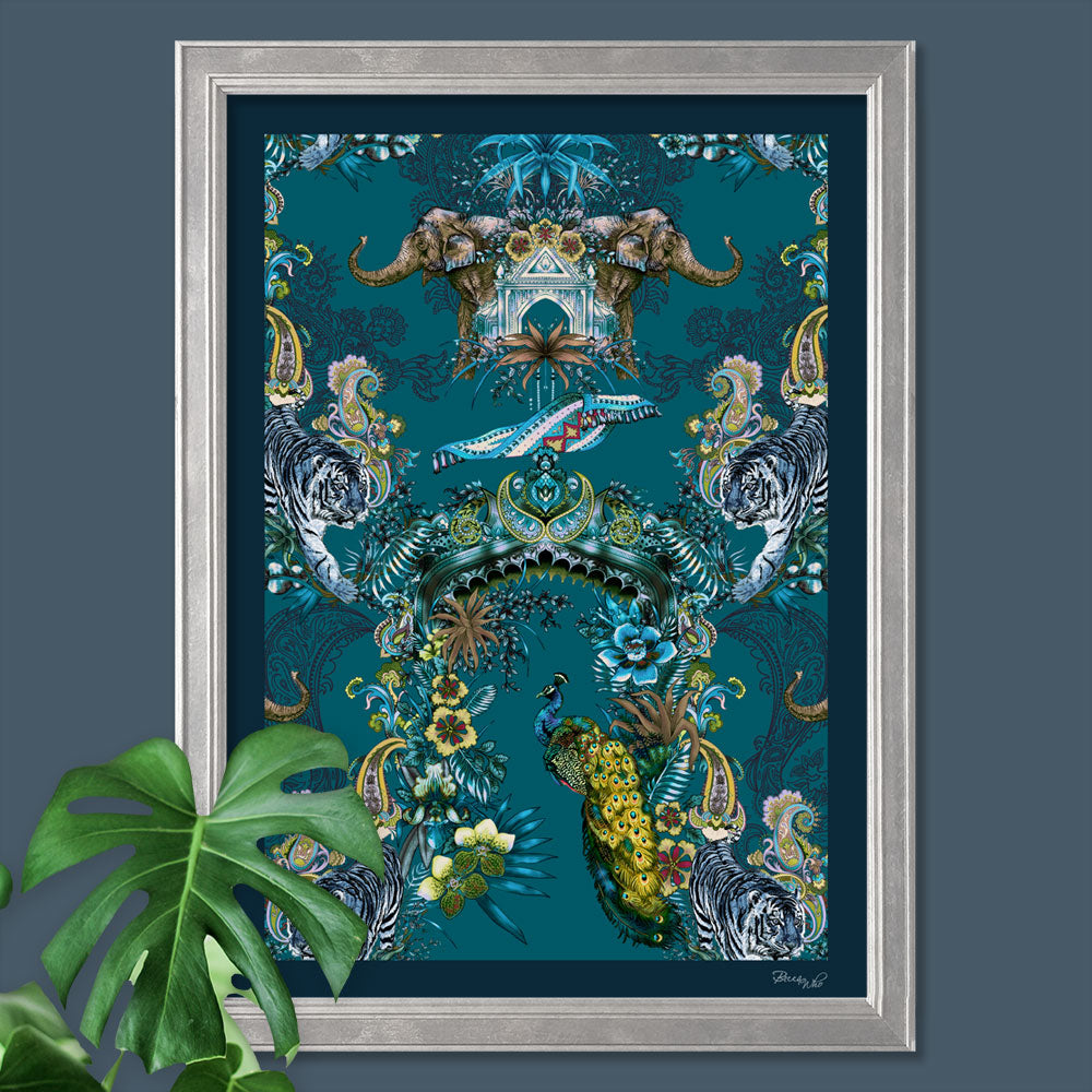 Designer Wall Art with Peacock and Indian Pattern Design in Teal Blue by Becca Who