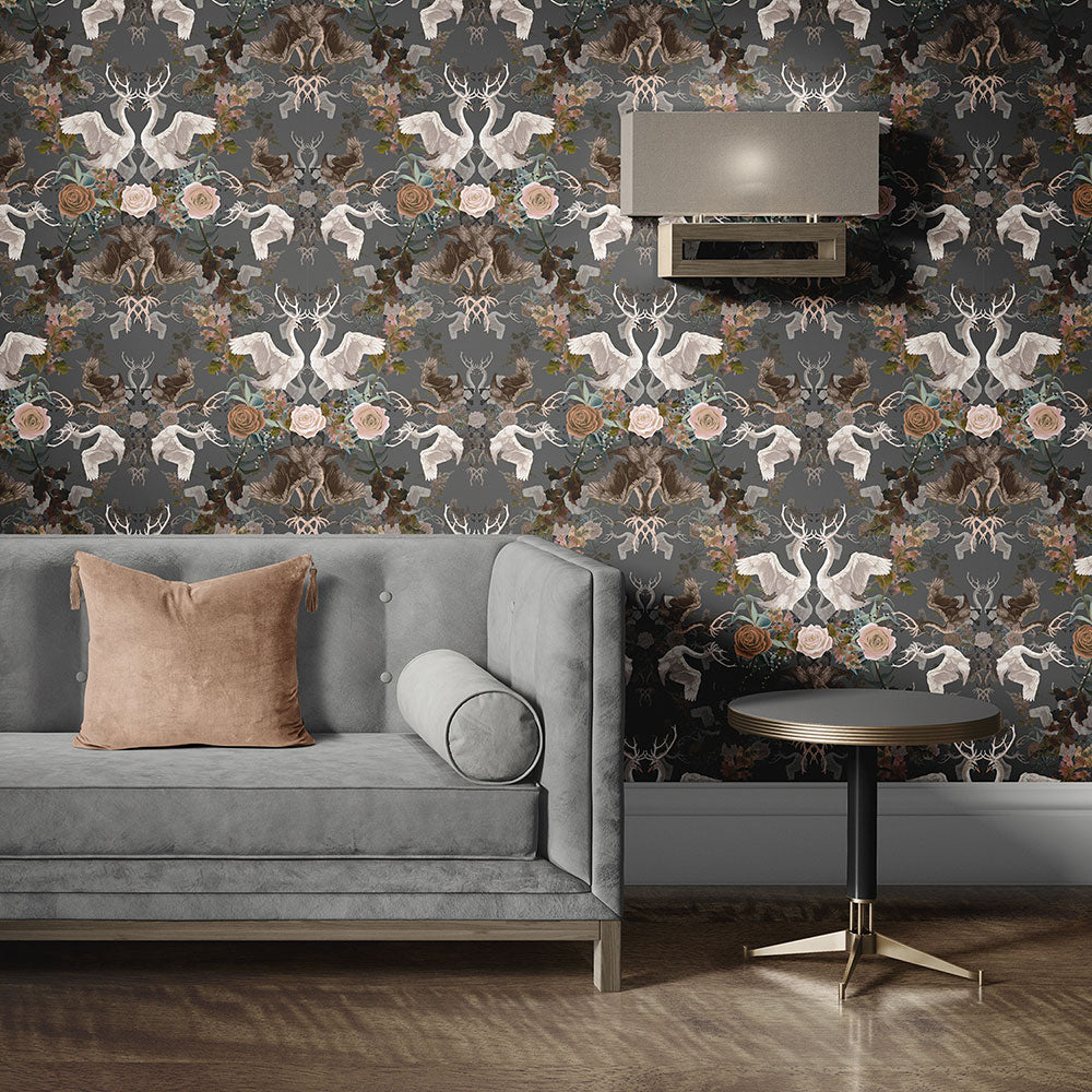 Living Room Wallpaper in Dark Charcoal by Designer Becca Who